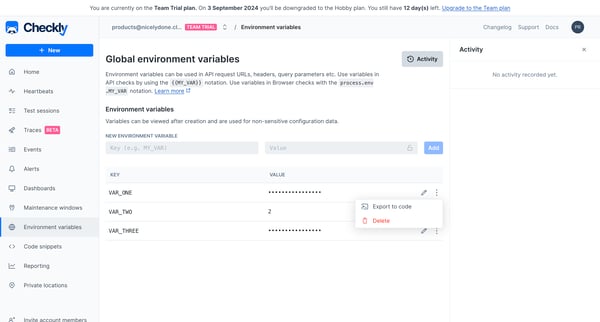 Environment variables screen