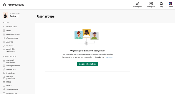 User groups | Nicelydoneclub Slack screen
