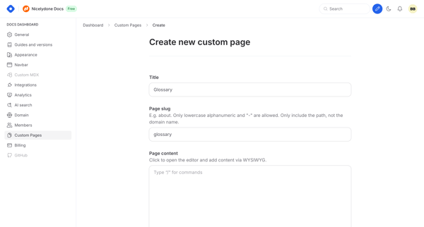 Docs Dashboard - Create Custom Page screen