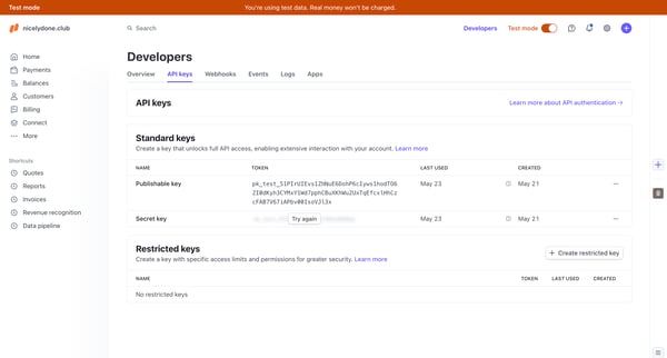 Developers – nicelydone.club – Stripe [Test] screen