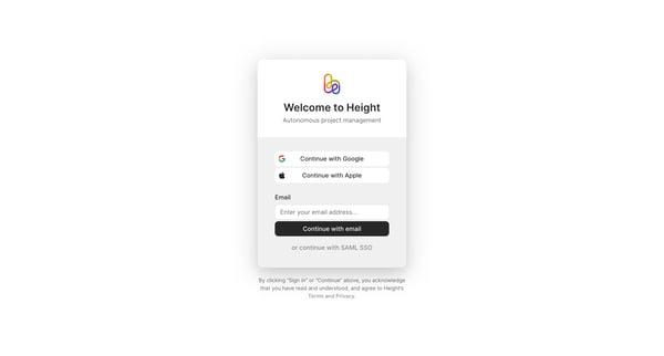 Log in - Height screen