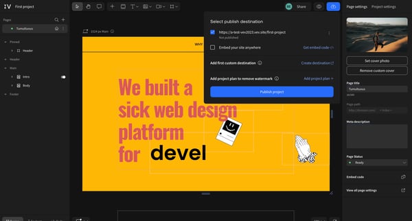 Vev | First project screen