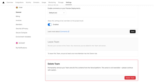 General - Team Settings – Dashboard – Vercel screen