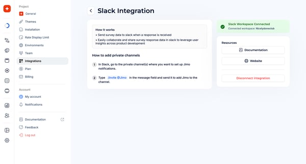 Slack integration · Jimo screen