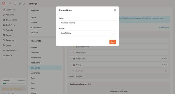 Category Settings screen