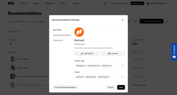 Recommendations - Kit screen
