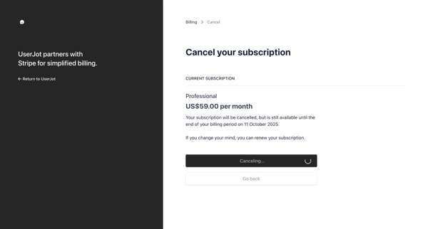Cancel subscription | UserJot Billing screen