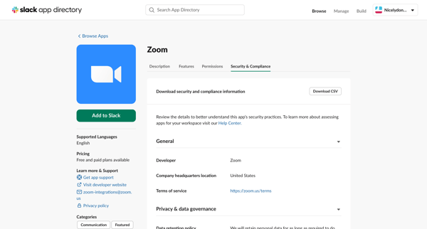 Zoom | Slack App Directory screen