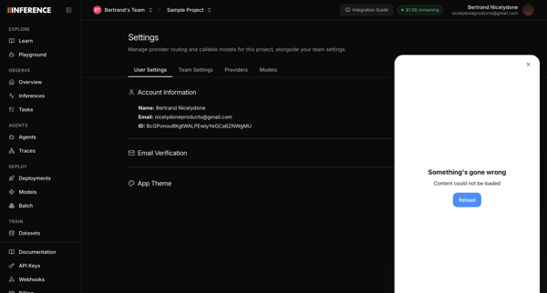 Settings | inference.net screen