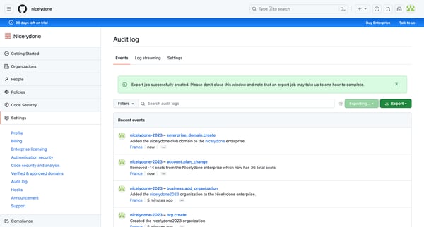 Audit log from Github