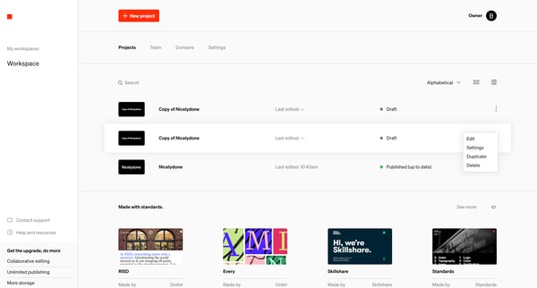 Standards - Projects screen