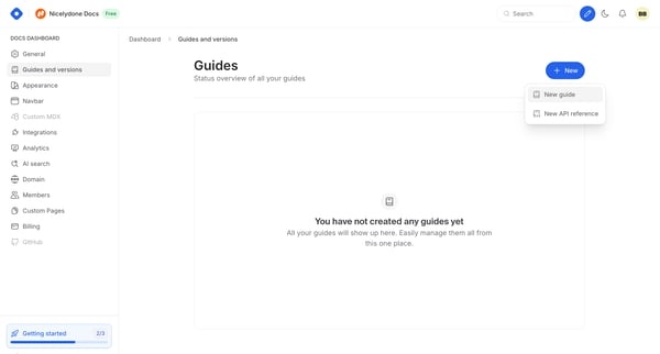 Docs Dashboard - Guides and versions screen