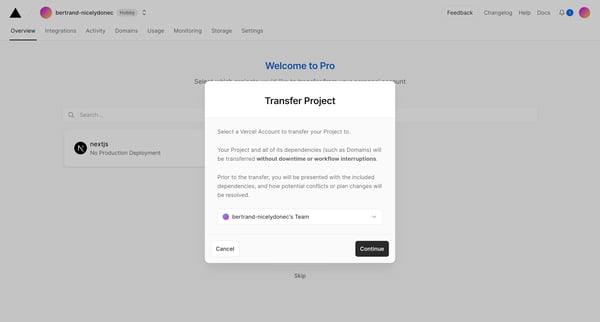 Transfer – Dashboard – Vercel screen