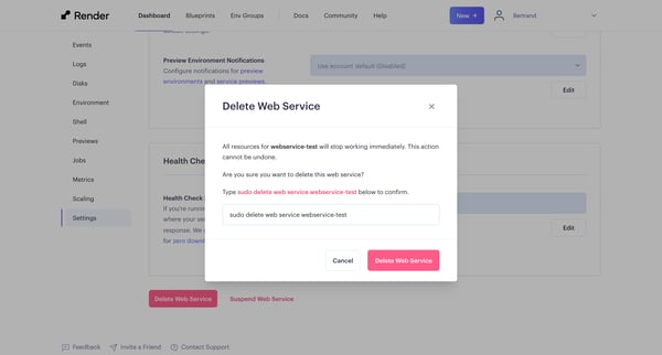 webservice-test ・ Web Service ・ Render Dashboard screen