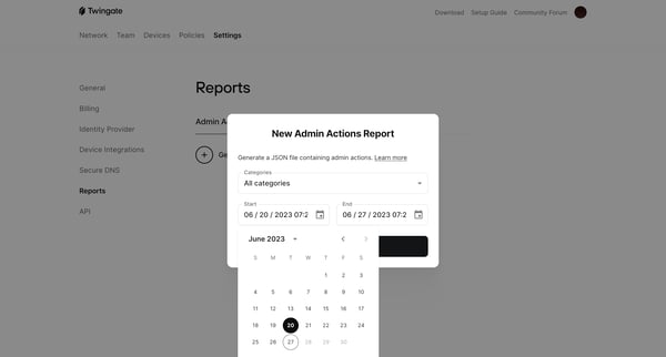 Reports | Twingate Admin screen