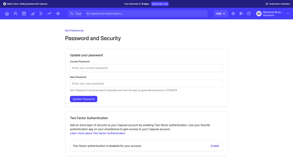 Password and Security | Nicelydone CRM screen