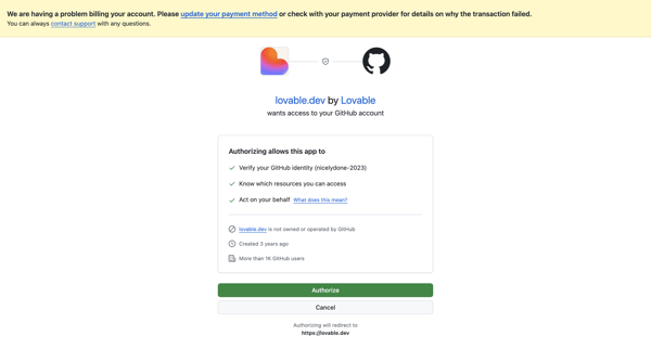 Authorize lovable.dev screen