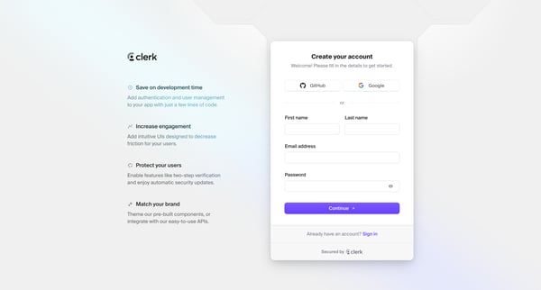 Sign up | Clerk screen