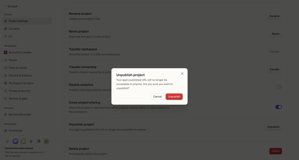 Project settings - Lovable screen