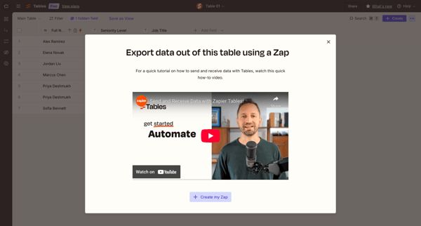 Table 01 | Zapier screen