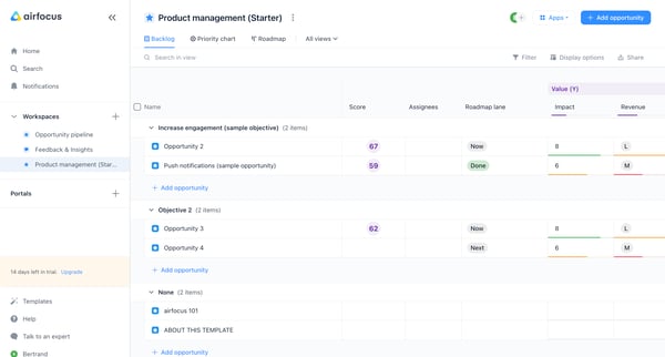 Product management Starter - airfocus screen
