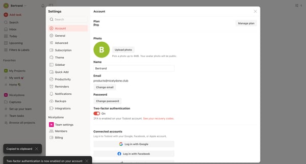Account – Settings – Todoist screen