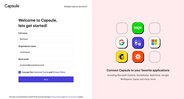 Signup | Capsule CRM screen