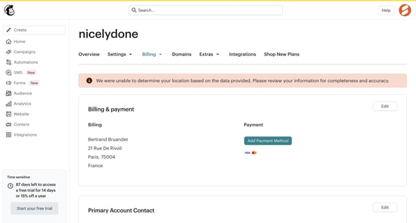 Billing Information | Mailchimp screen