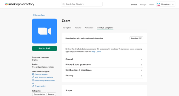 Zoom | Slack App Directory screen
