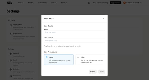 Account Settings - Kit screen