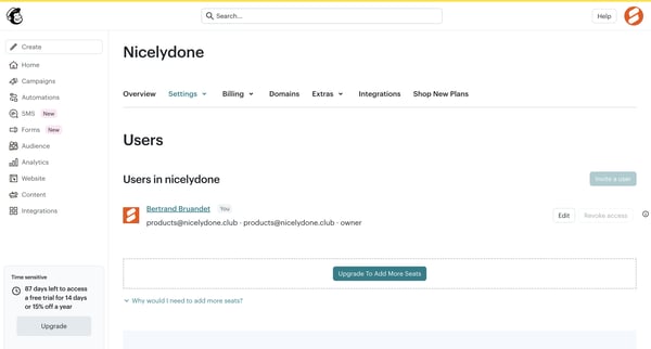 Manage users | Mailchimp screen