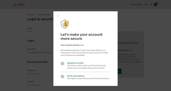 Login | Security - Account Settings - Airbnb screen