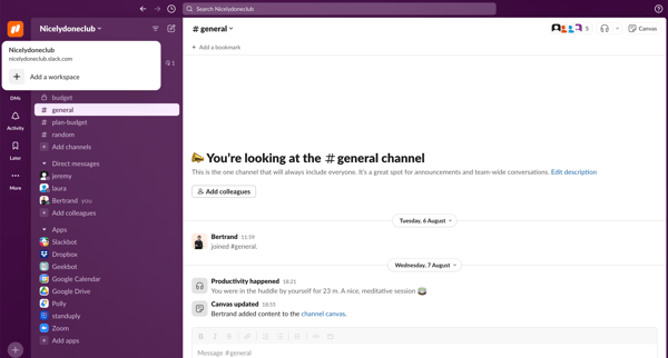 general Channel - Nicelydoneclub - Slack screen
