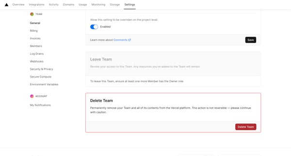 General - Team Settings – Dashboard – Vercel screen
