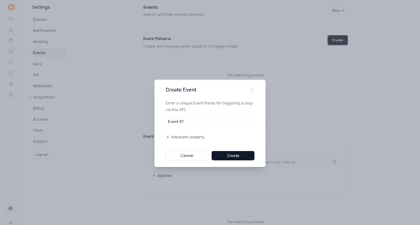 Settings | Events screen
