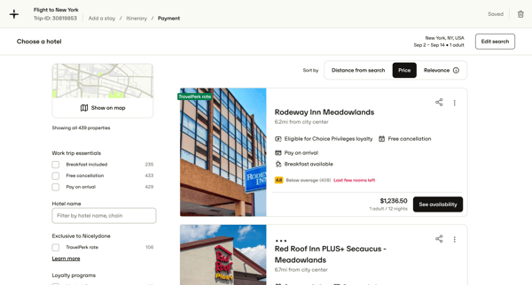 Results for 1 room in New York, NY, USA, 9/2/2025 - 9/14/2025 — TravelPerk screen