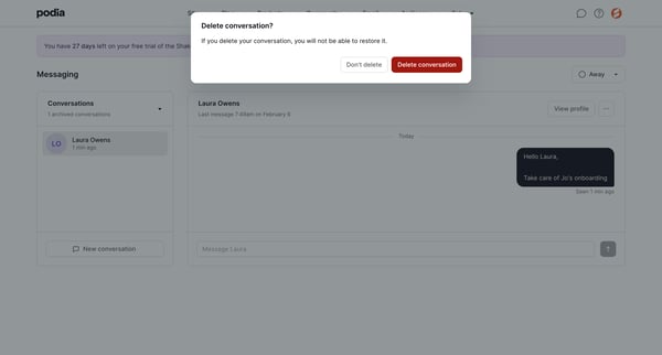 Podia Messaging screen