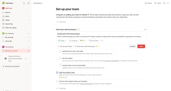 Set up your team – Todoist screen