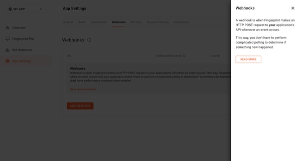 Webhooks | Fingerprint screen