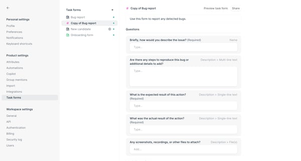 Task forms - Settings - Height screen