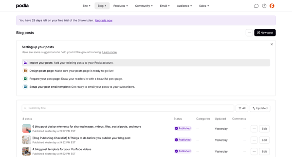 Podia Blog posts screen
