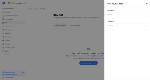 Docs Dashboard - Navbar screen