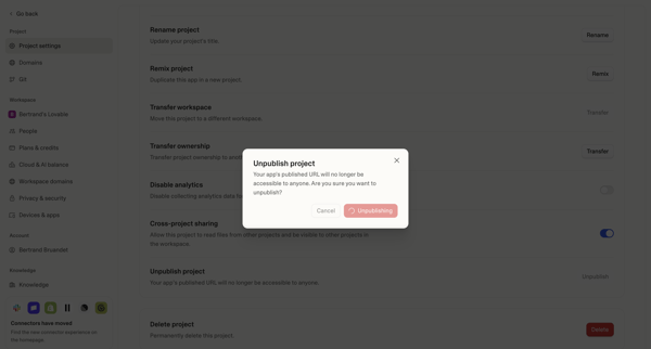 Project settings - Lovable screen