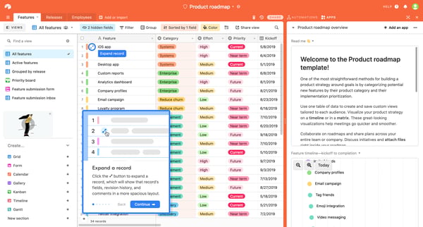 Product roadmap Features - Airtable screen