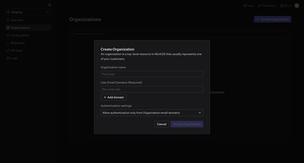 Organizations | WorkOS screen