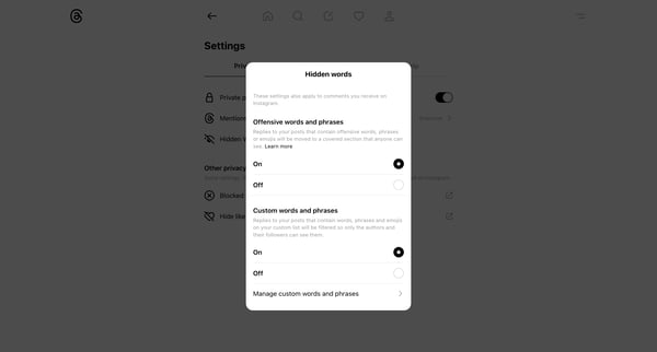 Settings • Threads screen