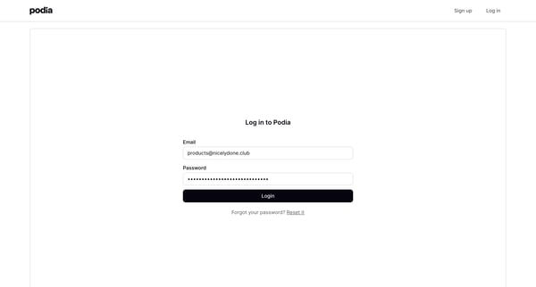 Podia Login screen