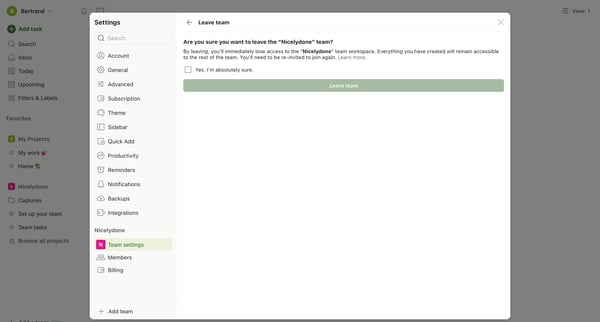 Leave team – Settings – Todoist from Todoist