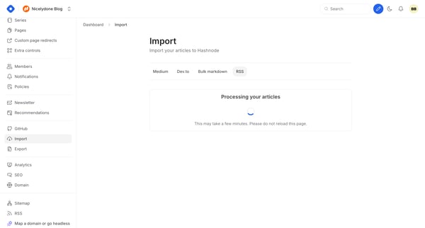 Dashboard - Import screen