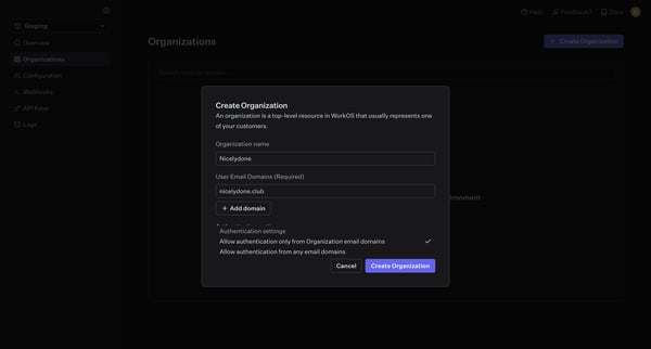 Organizations | WorkOS screen
